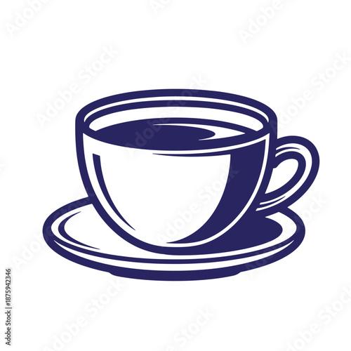 a simple blue illustration of a cup of coffee or tea on a saucer isolated on transparent background