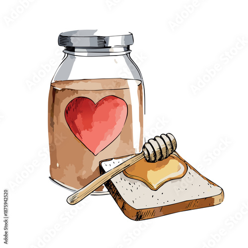 small honey jar with dipper, a slice of toast with a heart-shaped honey drizzle,