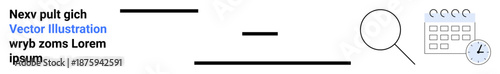Schedule planning, organization systems, time management, data analysis, research, productivity tools. A calendar icon, magnifying glass text elements and horizontal lines. Schedule planning