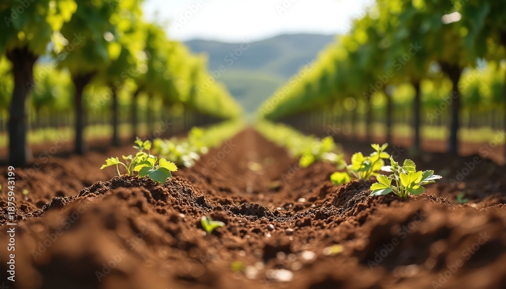 Obraz premium Rows of young grapevines grow in rich soil under sunlight. Blurry green leaves and plants create a natural pattern. Agricultural landscape with tilled earth and budding vines in a sunny field.