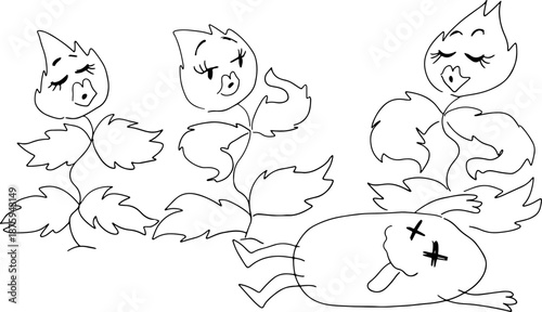 A humorous dead character lies among tall, face-bearing plants looking at him with curiosity, drawn with crooked grunge lines. Perfect for fun, kids projects, or nature themed designs