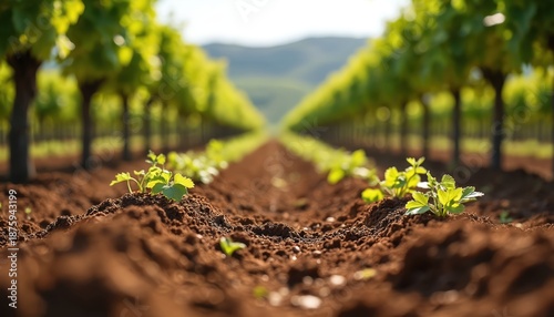 Rows of young grapevines grow in rich soil under sunlight. Blurry green leaves and plants create a natural pattern. Agricultural landscape with tilled earth and budding vines in a sunny field.