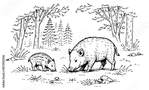 Hand drawn line art illustration of a wild boar and piglet depicting foraging in a forest for educational material