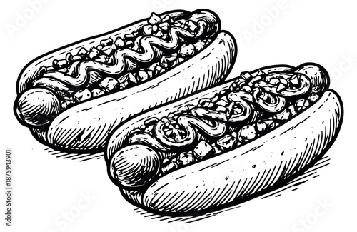 Hand drawn line art hot dog set featuring two classic fast food hot dogs with toppings for menu design