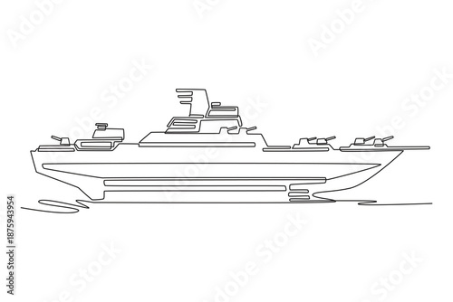 Continuous one line drawing modern guided missile destroyer. Sleek stealth, multiple gun turrets, and radar masts used for advanced naval warfare. Single line draw design vector graphic illustration