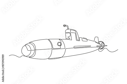Continuous one line drawing tactical attack submarine. Rounded bow, conning tower, rear propeller as it move silently beneath surface of deep ocean. Single line draw design vector graphic illustration