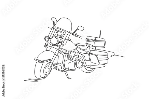 Single continuous line drawing police patrol motorcycle. Large windshield, siren components, storage boxes, and heavy frame for city law enforcement. One line draw graphic design vector illustration