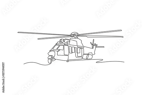 Single continuous line drawing advanced support helicopter. Aerodynamic body, dual engines, sturdy landing skids designed for troop deployment in war. One line draw graphic design vector illustration