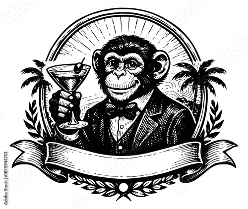 Hand drawn illustration of a monkey depicting him dressed in a suit and holding a martini glass for a vintage cocktail bar