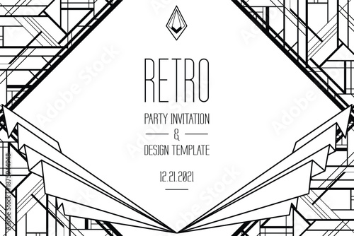 Black and white vector set of decorative Art Deco geometric elements. Elegant line art shapes inspired by 1920s design, perfect for frames, borders, posters, invitations, coloring books.