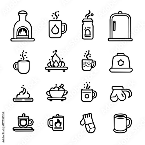 Cozy Winter Hot Drinks and Fireplace Icon Set