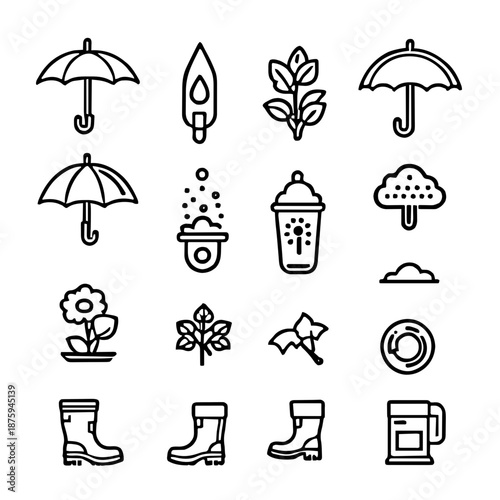 Set of Garden and Rain Related Line Icons and Symbols