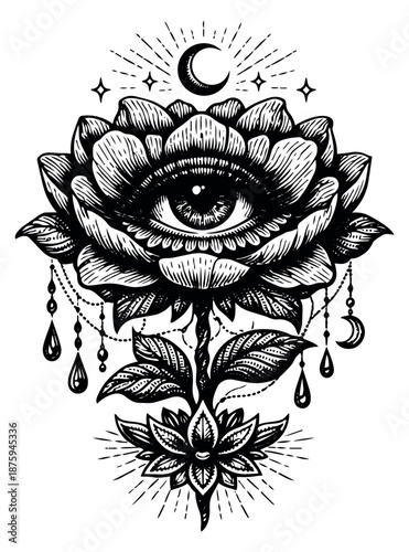 Hand drawn line art illustration of a lotus flower with an all-seeing eye depicting mystical symbolism for bohemian design