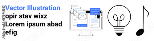 Digital communication, innovation, creativity, media design, productivity, education. Includes email browser, lightbulb and music note. Digital communication and innovation concepts