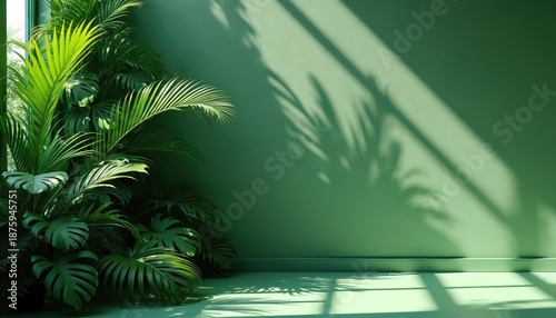 Rich green tropical plant foliage with palm leaves casts shadows on pastel mint wall, floor. Bright sunlight streams through window creating diagonal lines. Empty space for product placement or text.