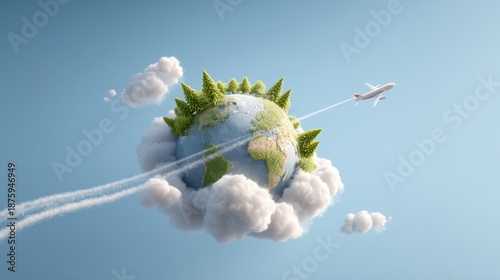Airplane flying over a green planet surrounded by clouds, symbolizing eco-friendly travel and sustainable tourism, with vibrant colors and clear blue sky