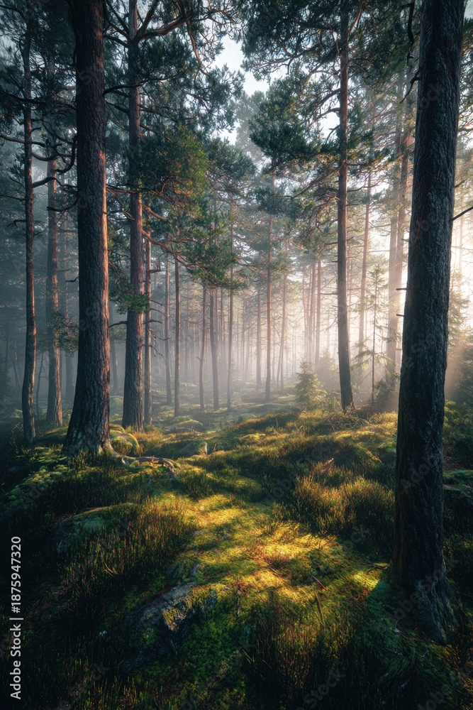 Obraz premium Misty forest with sun rays through tall pine trees
