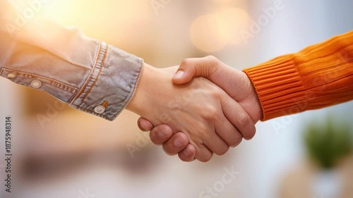 Handshake of Partnership: An intimate shot of two people connecting with a firm handshake, symbolizing a successful partnership, deal, or greeting. A visual embodiment of agreement, collaboration.