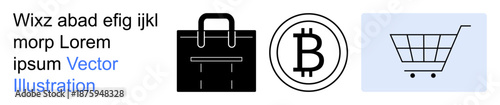 Shopping, e-commerce, cryptocurrency, digital payments, online purchases, retail business. Black bag, Bitcoin symbol and shopping cart. Shopping and cryptocurrency concepts