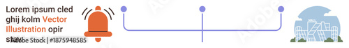 Communication, technology, city planning, alarm systems, data flow, connectivity. Alarm bell, line diagram cityscape. Communication and technology ideas visually
