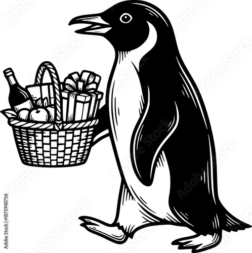 Engraved Penguin Illustration Delivering a Gift Basket, Greeting
