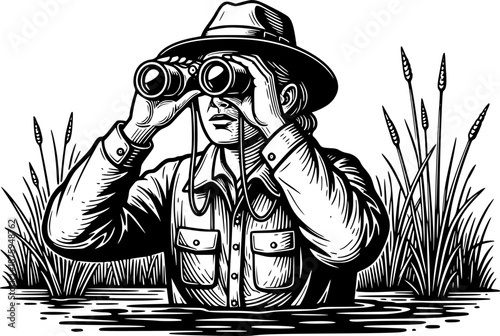 Engraved illustration of ornithologist using binoculars in a nat
