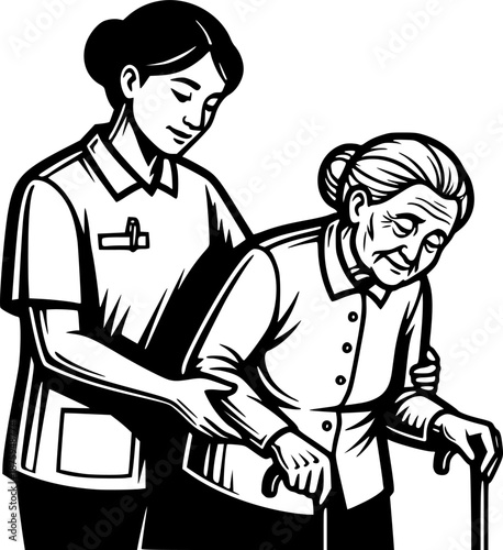 Woodcut illustration depicting caregiver and elderly woman with
