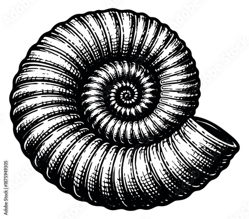 Hand drawn line art illustration of an ammonite shell depicting a spiral fossil for paleontology or marine biology design