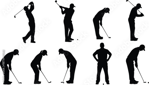 Golf player silhouettes set, swinging and putting poses, athlete action figures, black vector collection for sports, training, posters, and branding