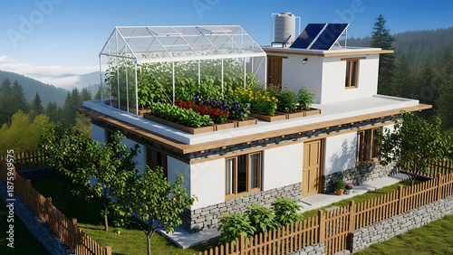 Sustainable Modern House with Rooftop Greenhouse, Solar Panels, and Eco-Friendly Design