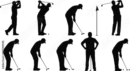 Golf player silhouettes set, swinging and putting poses, sports action figures, black vector collection for training, design, posters, and branding