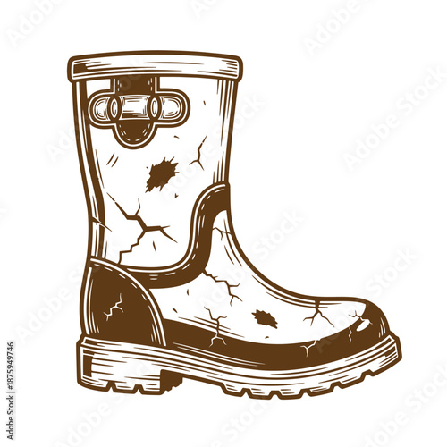 Drawing Vintage Brown and white illustration of a worn cracked rubber boot with buckle and sole  old and damaged footwear