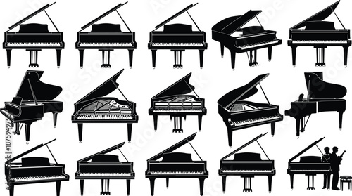 Grand piano silhouettes collection, classic concert pianos from multiple angles, musical instrument set, elegant performance equipment, black vector illustration