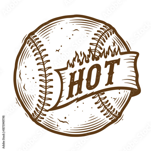 Drawing Vintage Brown baseball with flames and hot banner on white background  sports symbol