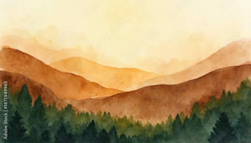 Fototapeta premium Watercolor painted hills in warm brown and deep green colors. Gentle hazy layers show forest and sky. Peaceful nature artwork with earthy tones.