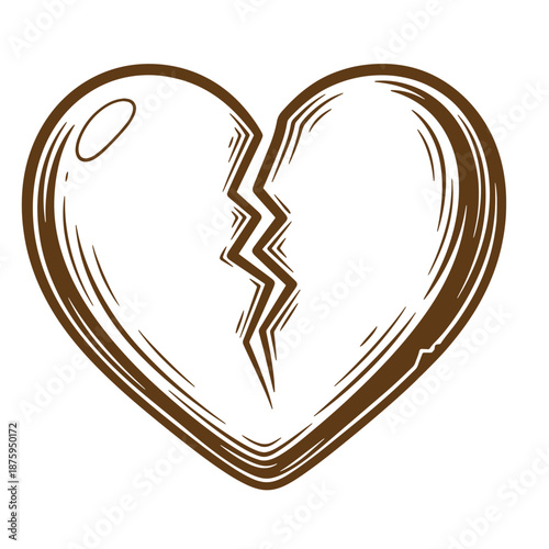Drawing Vintage Brown broken heart symbol with cracked lines and smooth curves on white background