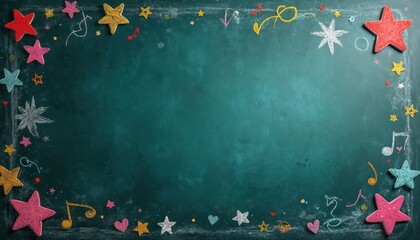 Green chalkboard border decorated with colorful chalk stars hearts and musical notes. Empty space for text or drawing. Fun playful school education and creative art background.