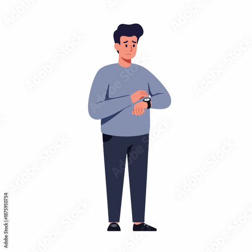 Flat Illustration Worried Man Checking Time on His Wristwatch Character