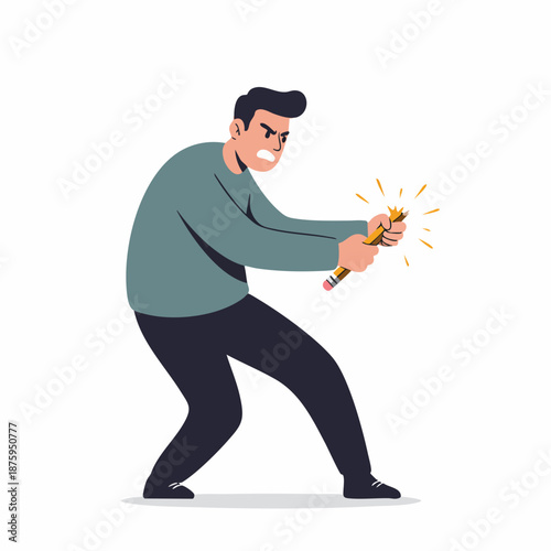 Flat Illustration Angry Man Bending Metal Rod with Strength Expression