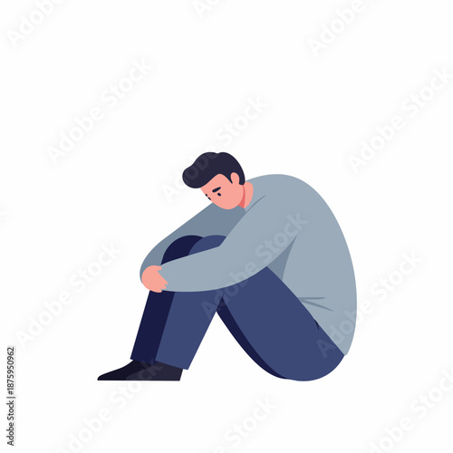 Flat Illustration Lonely Sad Man Hugging Knees Depression Concept