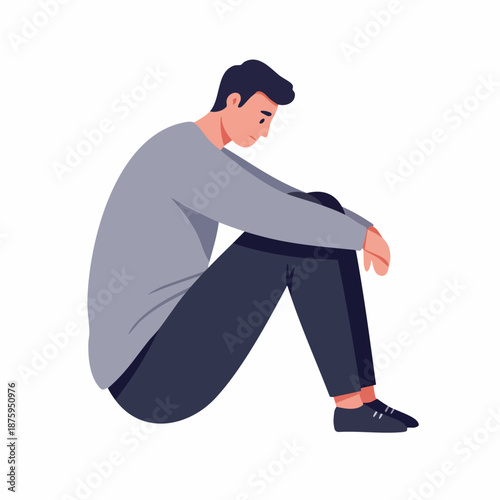 Flat Illustration Depressed Man Sitting on The Floor in Sad Emotion