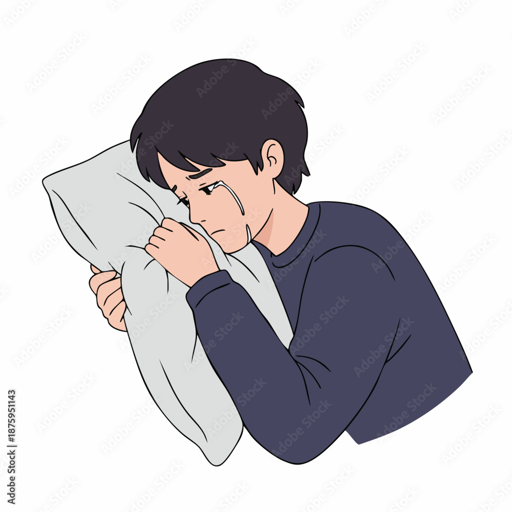 Fototapeta premium Flat Style Sad Man Crying Holding Pillow Illustration Character Design