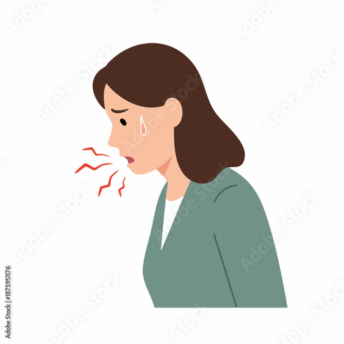 Flat Style Detailed Coughing Woman Suffering from Cold and Flu Illustration