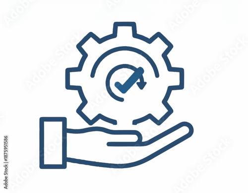 Business process automation and support icon, representing efficient service delivery and quality assurance with a hand holding a gear and checkmark, clean flat vector design