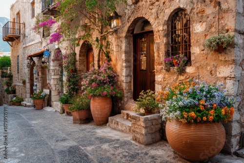 Greek village alleyway with stone houses and flowering pots