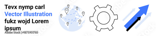 Globe with location markers, gear representing process automation, and two upward arrows signifying growth. Ideal for technology, logistics, data, development, innovation, business simple landing