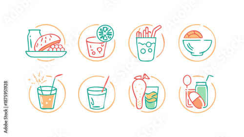 Nutritious Meals Flat Vector Icons. Minimal vector icon set of 8 nutritious meals and drinks with balanced composition and clean commercial look for health, diet, and lifestyle designs.