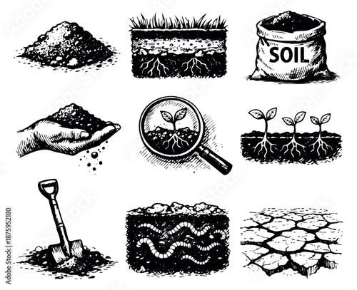 Hand drawn line art soil elements set featuring dirt piles, plants, roots, and farming tools for agriculture and gardening