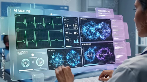 observing a modern medical data dashboard displaying patient monitoring and AI analysis