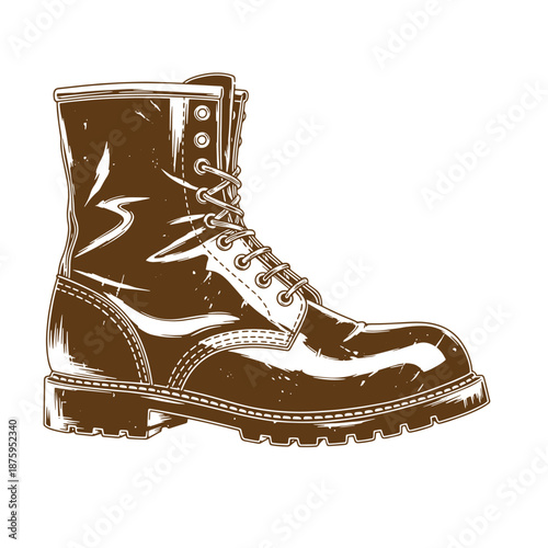 Drawing Vintage brown leather work boot with laces and rugged sole isolated on white background